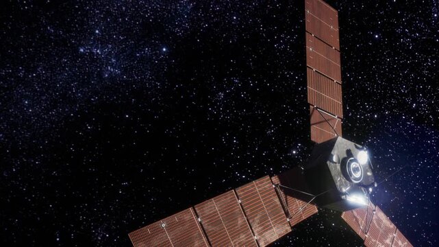 A sophisticated spacecraft floats among countless stars, showcasing its solar panels and design. The vastness of space highlights its mission to uncover the universes mysteries.