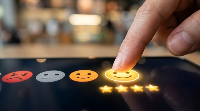 Customer feedback review with smiley face icons on digital tablet