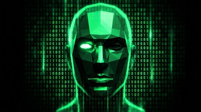 Green Low Poly Hacker Head with Binary Code Background