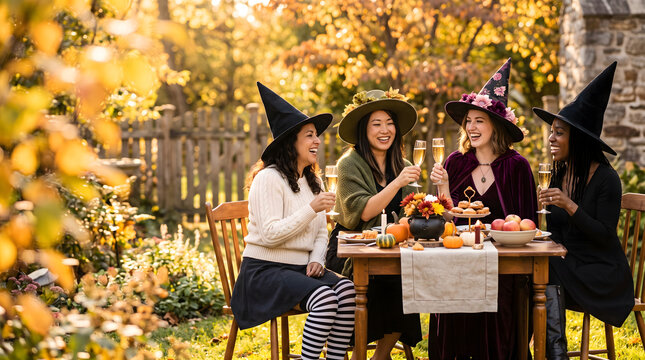 Women in Witch Hats Toasting Champagne at Outdoor Halloween Garden Party