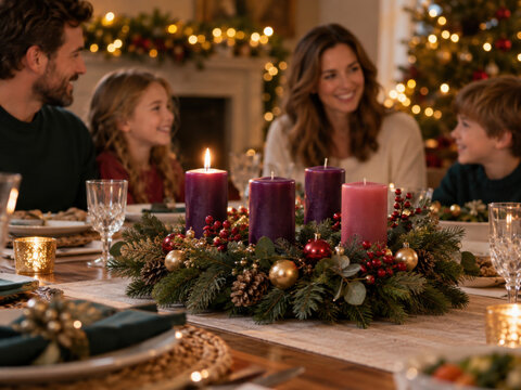 Adventskranz mit einer brennenden und drei unbeleuchteten Kerzen beim Familienessen. Tannengr&uuml;n, Beeren und Goldschmuck begleiten eine Familie in festlicher Weihnachtsatmosph&auml;re.