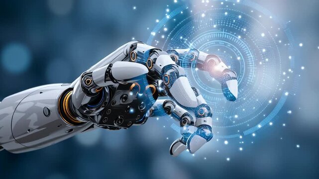 Robotic hand touches holographic interface, dark blue bokeh background, glowing particle ring reacting to fingertip, AI control visualization, gesture data