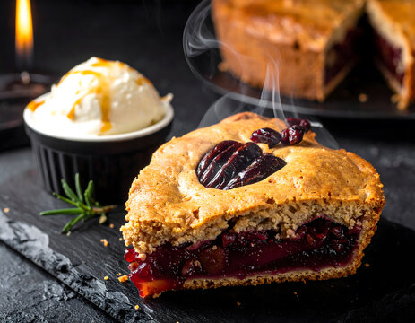 Dark mood berry apple deep dish pie slice with ice cream caramel web banner.