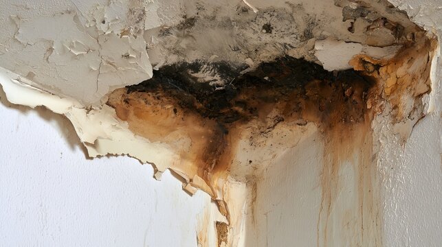 Peeling white wall texture shows decay, revealing dark stains, showcasing damage, neglect, and aged surfaces, representing dilapidation