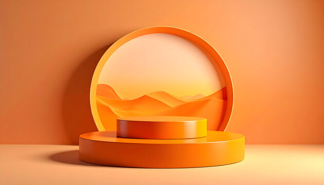 Minimalist 3D render vibrant orange cylindrical podium for product display web banner.