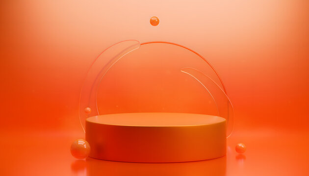 Minimalist 3D render vibrant orange cylindrical podium for product display web banner.