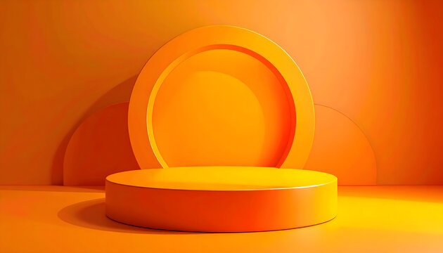 Minimalist 3D render vibrant orange cylindrical podium for product display web banner.