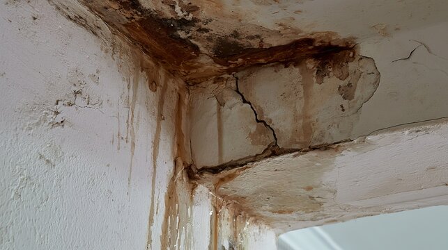 Damaged ceiling shows water stains, cracks, and peeling paint, representing decay, neglect, and structural issues indoors