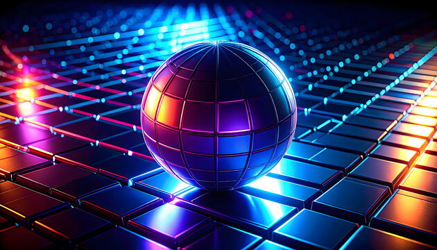 Futuristic 3D Digital Globe Sphere on Dark Microchip Grid Background Banner.