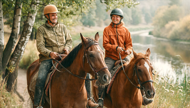 Scenic Horseback Riding Banner with Man and Woman Along Calm River Bank.