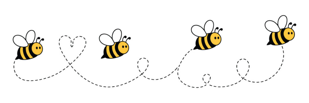1. cartoon bee icon set, cute honey bee flying along a dotted route isolated on white background, insect character illustration for nature and spring designs.