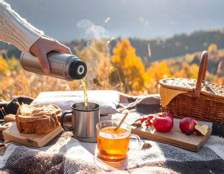 Cozy Autumn Picnic Banner with Hot Tea Thermos and Scenic Mountain View.