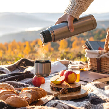 Cozy Autumn Picnic Banner with Hot Tea Thermos and Scenic Mountain View.