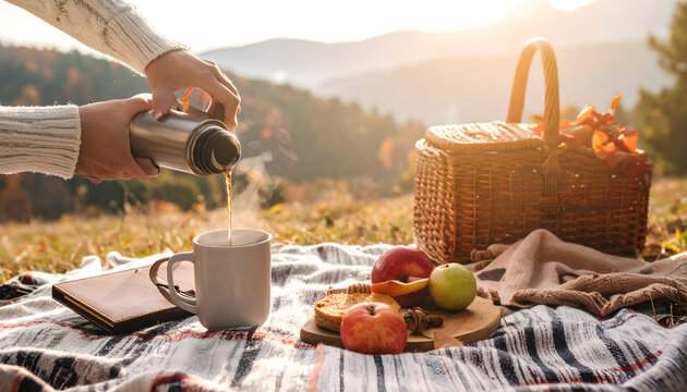 Cozy Autumn Picnic Banner with Hot Tea Thermos and Scenic Mountain View.