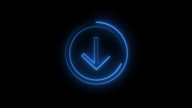 Blue Neon Download Arrow Icon Animation with Glowing Circular Outline on Black Background