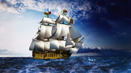 Vintage sailing ship at the sea under clear sky. 3D illustration © Destina