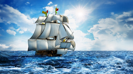Vintage sailing ship at the sea under clear sky. 3D illustration © Destina