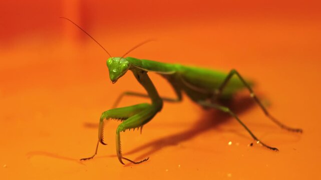Green praying mantis sitting on a bright orange surface and looking at camera, macro insect wildlife photography, exotic predator close up. High quality 4k footage.