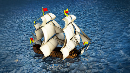Vintage sailing ship at the sea under clear sky. 3D illustration © Destina