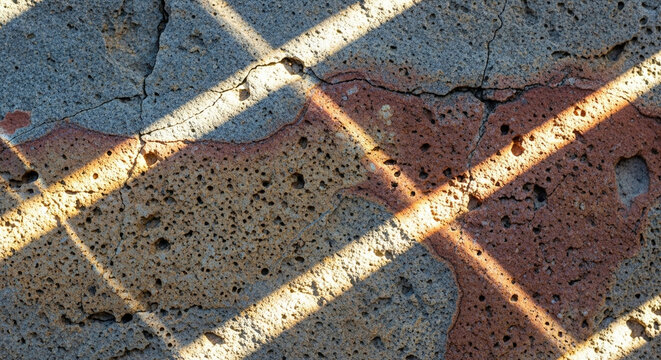 Sunlight beams cast sharp diagonal shadows across the rough textured surface of weathered volcanic rock paving stones that display natural mineral colors and visible signs of erosion over time