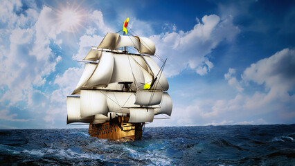 Vintage sailing ship at the sea under clear sky. 3D illustration © Destina
