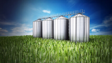 Agriculture grain silos on grass under blue sky. 3D illustration © Destina
