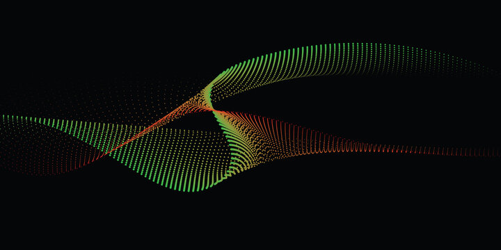 Abstract wavy lines formed by small green and orange dots on a black background, for tech and, data visualization
