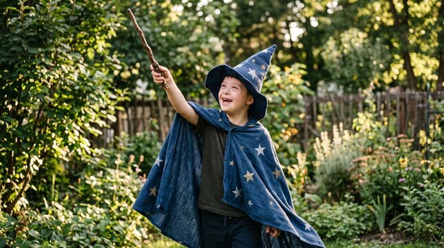 Happy young boy in wizard costume holding magic wand in garden