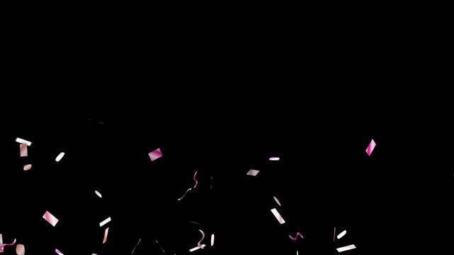 Rose gold pastel pink metallic foil confetti triple sequential burst on black background, 10s 4k wedding stage explosion video overlay for screen blend mode, celebration motion graphic element