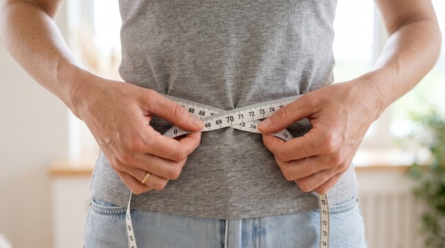 A woman with light skin adjusts a measuring tape around her waist while wearing a casual gray t-shirt in a bright, airy room.