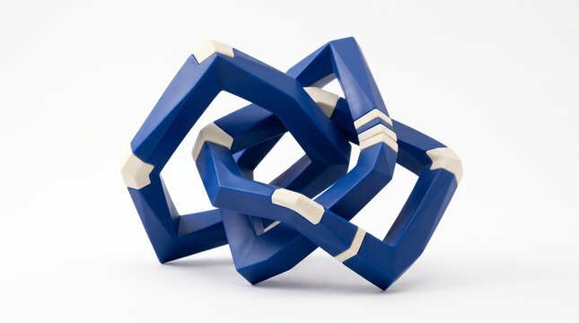 Abstract geometric sculpture, interconnected blue modern chain link object, minimalist modern art background