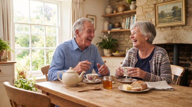 Happy senior couple enjoying tea and laughter in their cozy kitchen, full of warmth and companionship.
