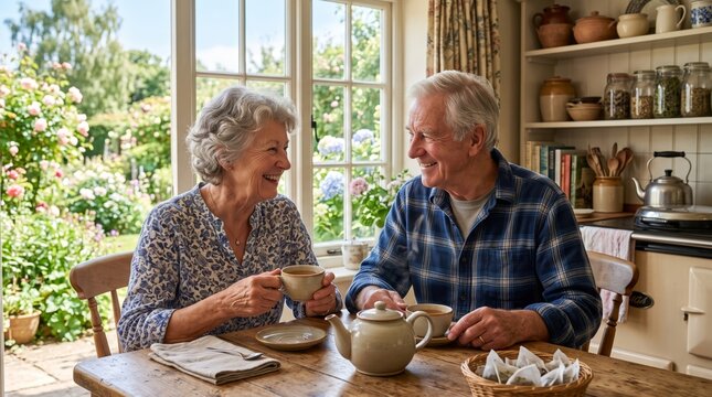 An elderly white couple share a joyful moment over tea in their sunny kitchen, surrounded by blooming flowers in the garden.