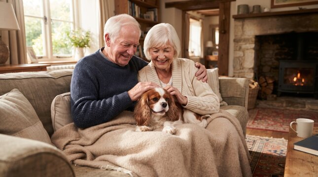 An elderly couple, a Caucasian man and woman, share a cozy moment on a couch with their dog, wrapped in a blanket by the fireplace.