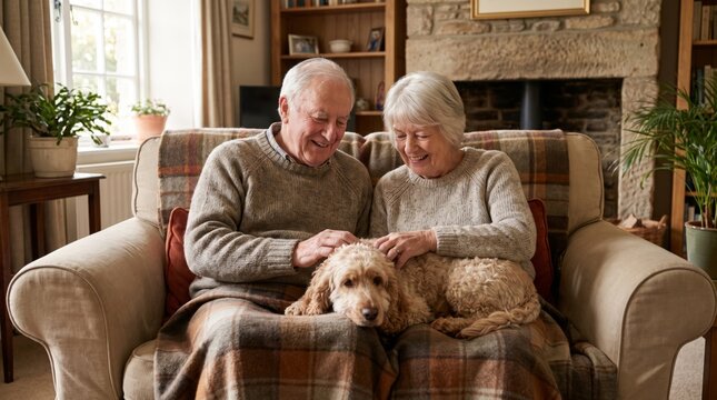 Smiling elderly couple of Caucasian descent sit together on a couch, wrapped in a cozy blanket, with their dog resting on their lap.