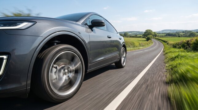 A sleek gray electric car speeds along a scenic country road, embodying modern technology and eco-friendly innovation.