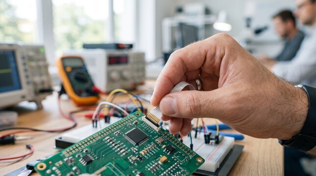 A male engineer focuses intently on a green circuit board, preparing to connect a component in a modern electronics lab.