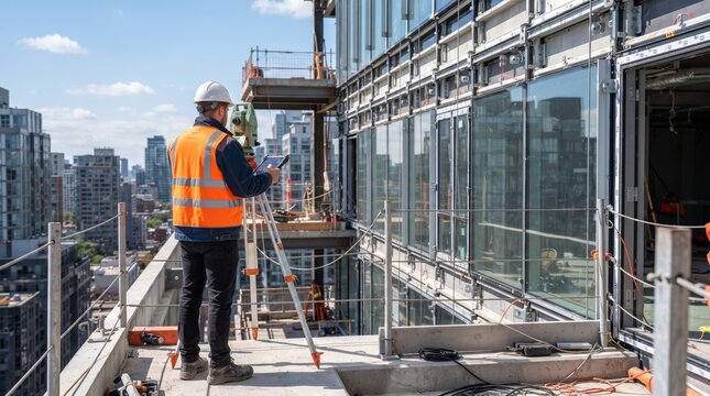 A construction worker, wearing a hard hat and reflective vest, surveys a high-rise building site with a total station.