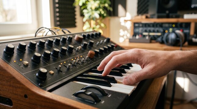 A male musician's hand skillfully plays a classic synthesizer in a bright, modern studio setting.