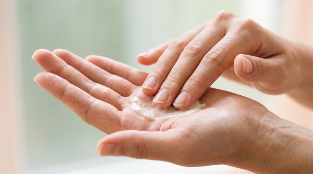 A woman's hands applying cream on her palm, showcasing a skincare routine in a serene indoor setting.