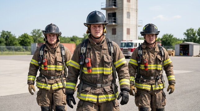 Three male firefighters in full gear walking confidently towards the camera, showcasing their teamwork and dedication.