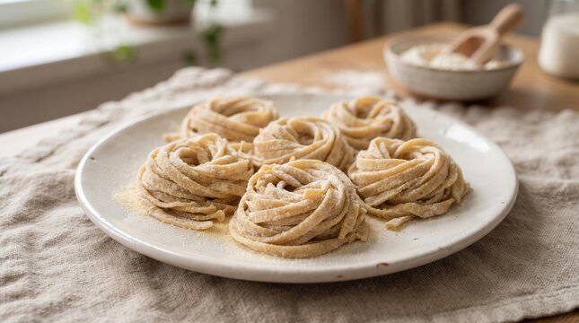 Artisan whole wheat pasta nests beautifully arranged on a rustic plate, evoking a warm and inviting kitchen atmosphere.