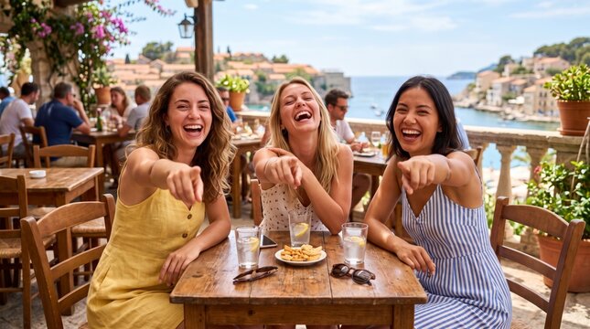 Three joyful women enjoying a sunny day in a scenic restaurant, laughing and sharing a fun moment together.