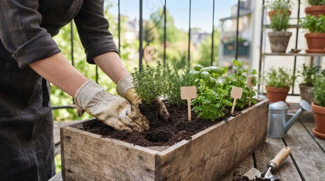 A woman tending to her herb garden in a rustic wooden planter, showcasing a variety of fresh herbs in a sunny balcony setting.