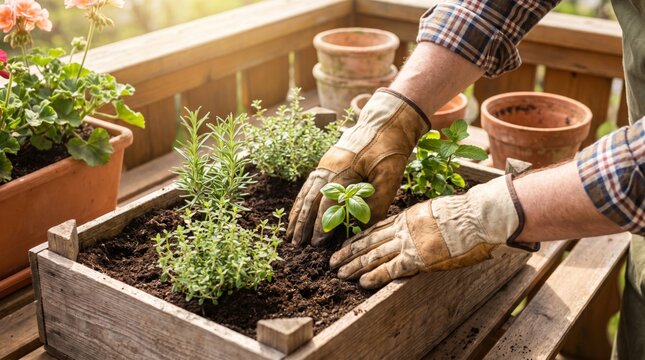 A man wearing gloves carefully plants herbs in a wooden planter on a sunlit balcony, surrounded by blooming flowers.