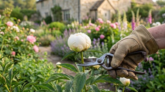 A gardener's hand in a brown glove pruning a blooming white peony in a vibrant floral garden.