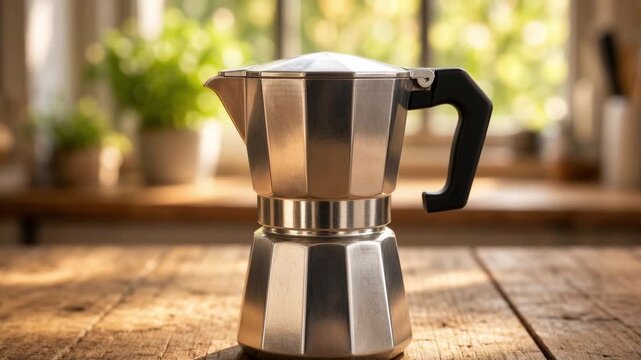 Aluminum moka pot on rustic kitchen table by sunny window