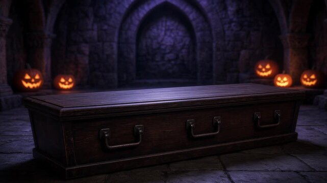 Closed wooden coffin in gothic crypt with pumpkin glow