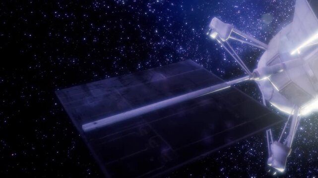 In a vast expanse of twinkling stars, a sophisticated spacecraft glides silently through the cosmos. Its solar panels capture the distant light as it journeys beyond our world.