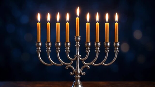 Silver Hanukkah menorah with all candles lit on wooden table